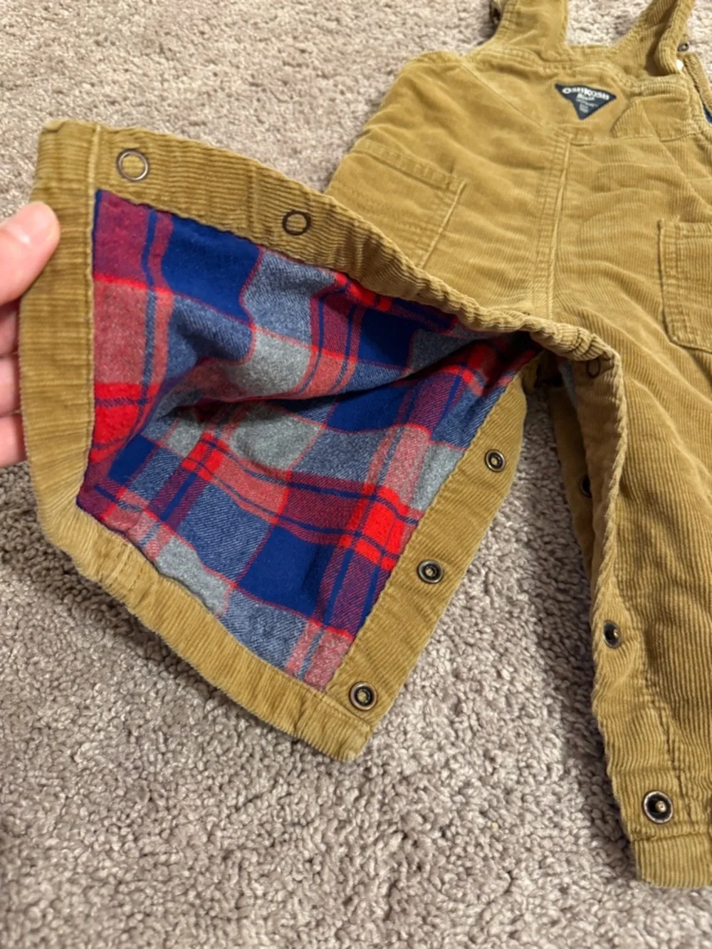 OshKosh B'gosh cognac brown Corduroy Overalls plaid flannel lining